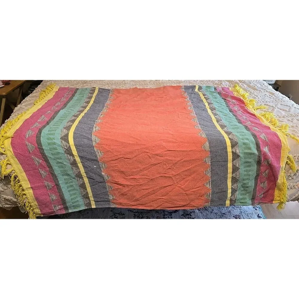 VTG Threshold Multicolor Colorblock Cottagecore Fringe Bedding‎ Blanket 49